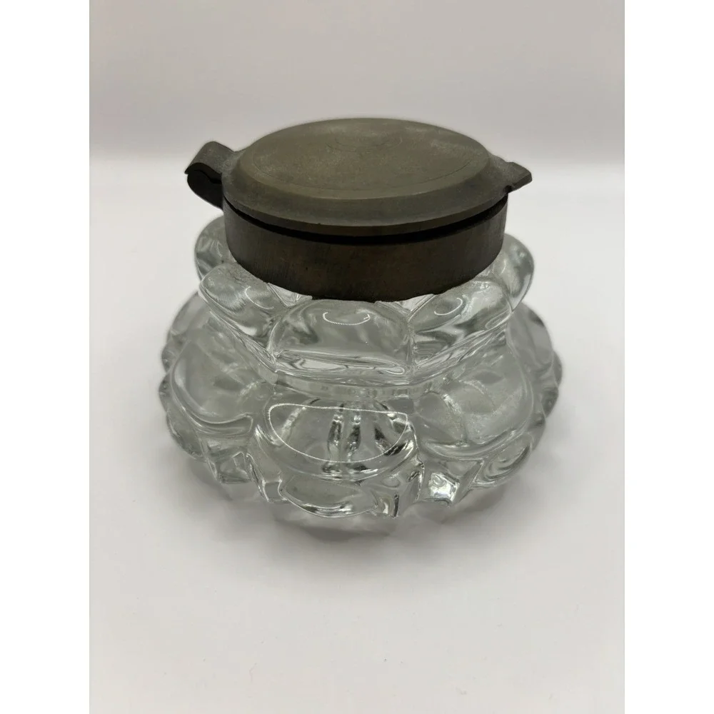 Vintage Antique Inkwell‎ Crystal Glass Brass Lid Old Money GrandpaCore